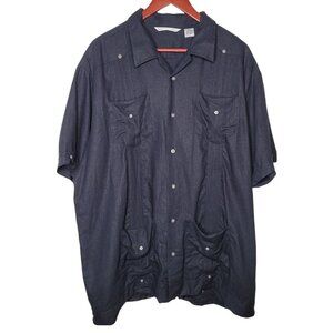Monte Carlo Black Linen Blend Pleated detail short sleeve Button up Mens size XL